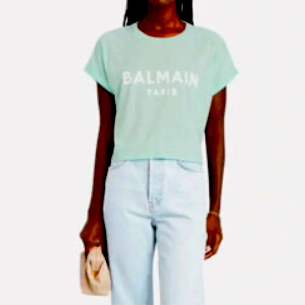 BALMAIN Paris size Small aqua cropped Tshirt